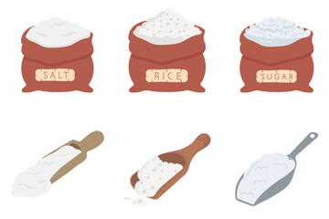 Kitchen ingredients vector collection featuring burlap sacks filled with salt, rice, and sugar, with wooden and metal scoops for recipe blogs, food packaging labels, and grocery graphics.