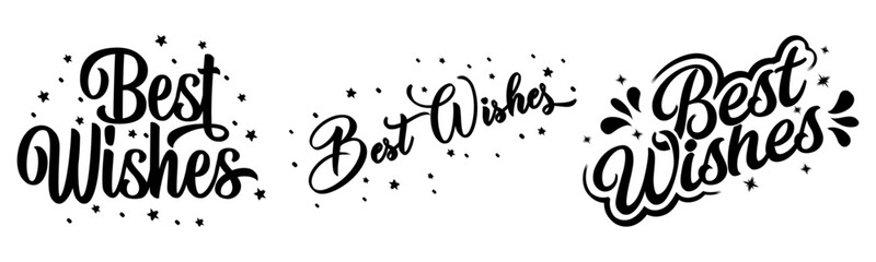 Best Wishes typography designs bundle featuring vector layouts with script lettering, decorative swirls, and scattered stars, suitable for greeting cards, invitations, banners, and vinyl crafts.