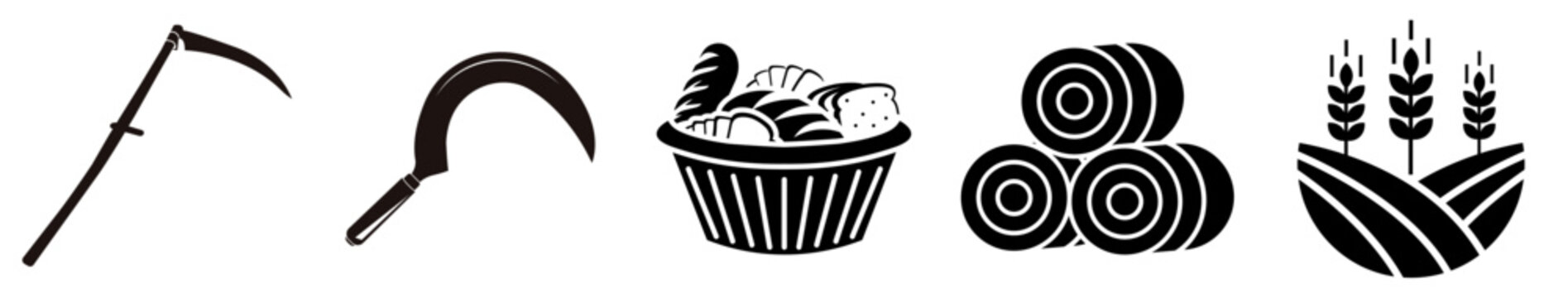 Agriculture and bakery featuring a scythe, sickle, woven basket of bread, hay bales, and wheat crop field, ideal for farming industry logos, harvest concepts, and food production graphics.