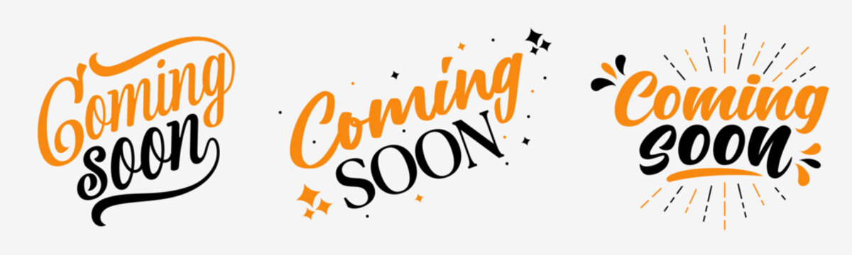 Coming soon typography designs illustrated as vector set featuring announcement phrases suitable for social media posts, promotional banners, website headers, and digital announcement layouts