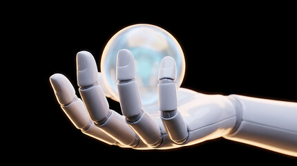 Robotic hand holding a glowing planet Earth with intricate details.