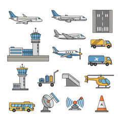 Airport and Aviation Icons Set with Planes Control Towers and Ground Vehicles.