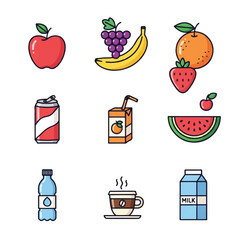 Collection of assorted fruits and beverages in a grid layout.