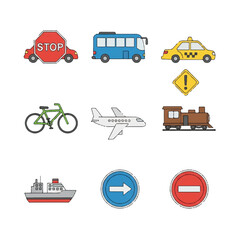 Collection of various transportation vehicles and road signs.