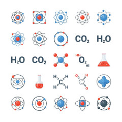 Collection of atomic structures and chemical formulas representing scientific concepts.
