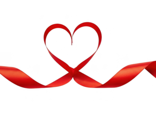 Red ribbon shaped into a heart symbol in the center, isolated on transparent background for love and romance concepts