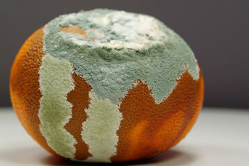 Overripe and rotten mandarin. Rotten tangerine covered with mold