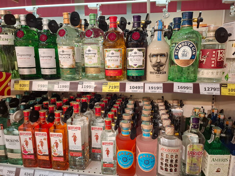 Different alcoholic products on a supermarket shelves