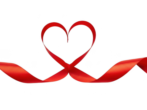 Red ribbon shaped into a heart symbol in the center, isolated on transparent background for love and romance concepts - Powered by Adobe