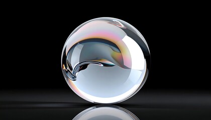 A clear glass sphere with a refractive dolphin shape inside, displaying iridescent reflections on a dark background.