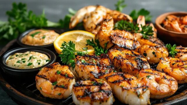 Grilled shrimp skewer with lemon wedge, herb sauce and parsley garnish charred grill seafood platter
