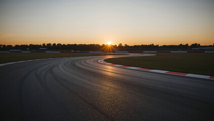 Sunset over a racetrack with tire marks on asphalt at dusk, motorsport background