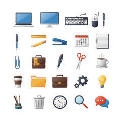 Collection of various office and business supplies on a white background.