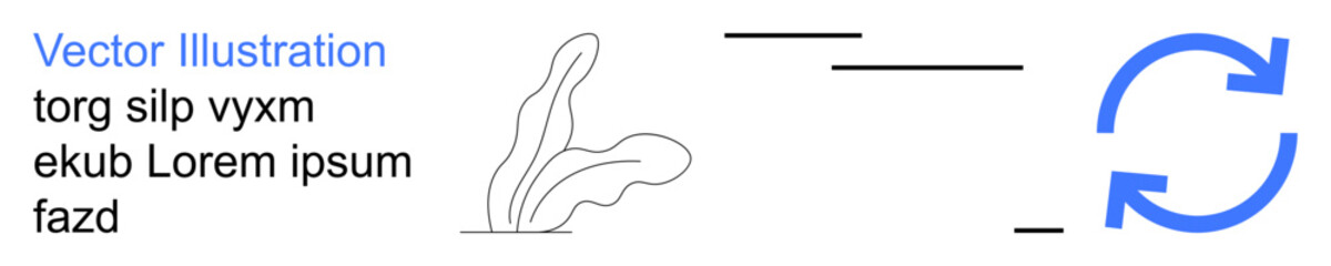 Environment, sustainability, renewal, cycle, abstract concepts, process flow. Minimalist plant sketch with bold blue refresh symbol. Environment and sustainability concept