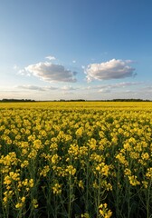 Fototapeta premium Expansive rural landscape featuring vibrant yellow blooming oilseed crops stretching toward the horizon beneath a bright summer sky ,farming ,environment ,botany