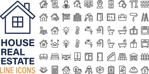 House and real estate line icon set featuring property symbols, home appliances, fixtures, renovation tools, smart home elements, architecture, and interior design essentials.
