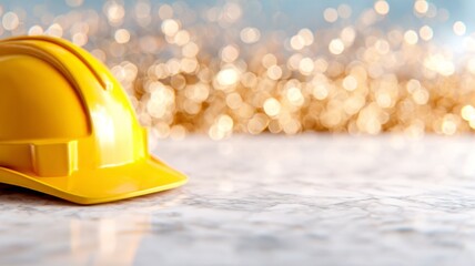 Yellow construction safety helmet on marble surface with warm golden bokeh