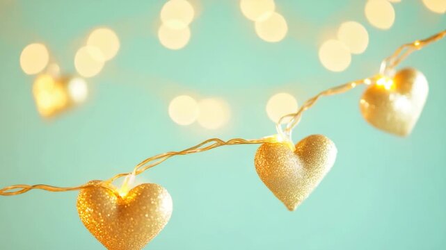 Video A decorative string of lights with gold hearts hung from above, perfect for romantic gestures or special occasions