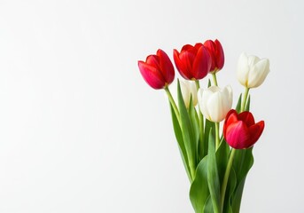 Fototapeta premium Striking contrast of vibrant red and delicate white tulips displayed against a bright, pristine white backdrop, perfect for design ,elegant ,red ,beautiful