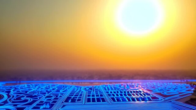 A vibrant city layout sprawls out beneath a brilliant sun, casting intense rays across the landscape. The glowing outlines of buildings suggest intricate designs amid the warm colo