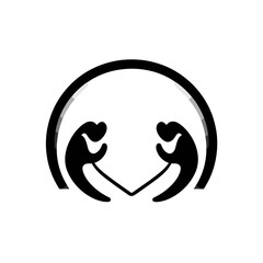 Minimalist black and white illustration of two stylized figures facing each other within a semi-circular arch, symbolizing connection or interaction.