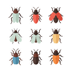 Fototapeta premium Collection of Nine Diverse Insect Illustrations in Flat Design Style.