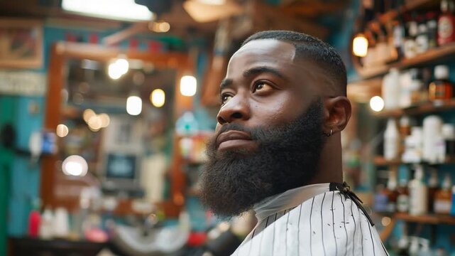 Portrait of a stylish young black man with a perfectly groomed beard and a fade haircut, sitting confidently inside a vintage barbershop