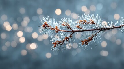 A beautiful frosty pine branch with sparkling bokeh lights creating a peaceful winter scene
