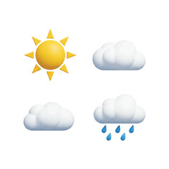 Weather Icons Set Sun Clouds and Raindrops in a 3D Rendered Style.
