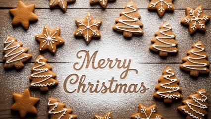 Homemade Gingerbread Cookies with Merry Christmas Text Written in Powdered Sugar on Wooden Table