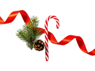 Festive arrangement of a red and white striped candy cane, green pine branch, brown pinecone, and flowing red ribbon isolated on transparent background