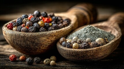 Two wooden spoons filled with peppercorns and ground pepper on a dark surface.