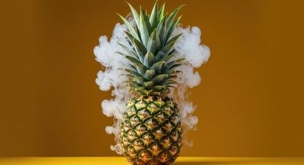 A tropical pineapple fruit with unusual white smoke rising from its leafy green crown on a bright background ,concept, vibrant, whole