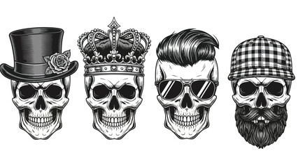 Four distinct skulls, each adorned with unique headwear and accessories, including a top hat with a rose, a regal crown, modern sunglasses, and a plaid flat cap with a full beard, presented in a