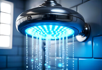 Modern shower head with blue led lights and cascading water in a tiled bathroom