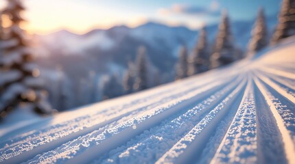 Closeup of groomed ski slope at sunrise with snowcovered trees and mountains