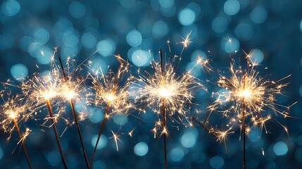 A row of festive sparklers burning brightly against a glittering blue bokeh background