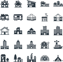Fototapeta premium Collection of house icons in a flat design style. The set includes different house types like modern, vintage, and commercial buildings