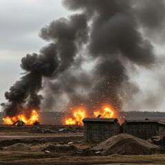 Intense battlefield destruction. Smoke plumes rise above ravaged fortifications, highlighting the destructive power and peril of combat operations ,danger ,operation ,security