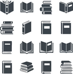 Collection of dark blue vector icons representing various physical books, closed, stacked, and open, ideal for educational or publishing concepts