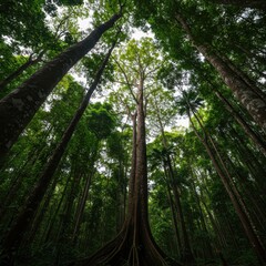 Obraz premium Towering ancient trees form a dense, lush green canopy high above the humid jungle floor, defining the powerful ecosystem of the wild tropics ,forest ,green ,rainforest