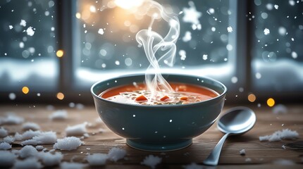 Hearty soup in a bowl on a wooden table in the snow