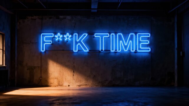 Blue Neon Sign with Censored Text on Industrial Wall