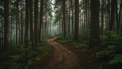 Fototapeta premium Misty Forest Path Through Dense Trees in Early Morning Light