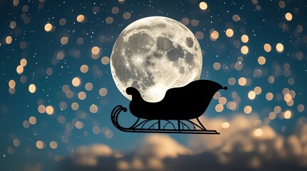 Santas sleigh silhouette against a full moon and bokeh lights