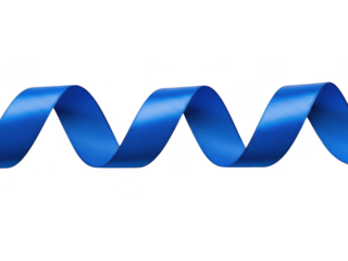 A vibrant blue satin ribbon curled in a continuous wave pattern, isolated on transparent background for graphic design use