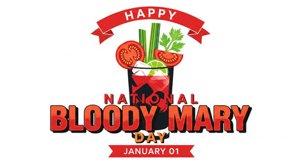 Happy national bloody mary day january 01 greeting card design with cocktail illustration and festive banner