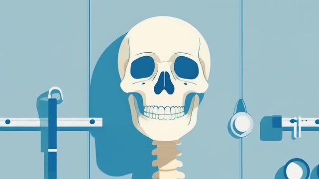 Skeleton with medical tools with blue background.
