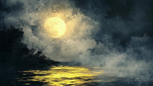 Full moon illuminating water surface at night