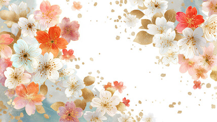 繊細で美しい和風花柄装飾背景。金色の葉とやわらかな花々が調和した華やかフレーム。結婚式、成人式、卒業式などフォーマルシーンにマッチする上品な背景素材。